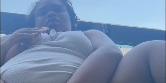 sexy bbw plays with fat cat outside