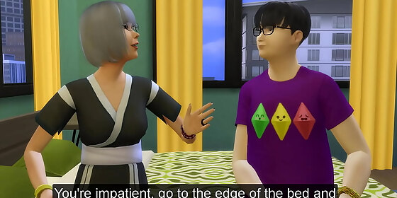 asian step mom helping sick fat son to have sex for the first time in his life in this way to make him happier