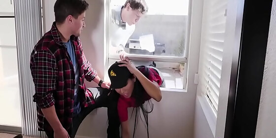 asian teen comes to deliver pizza and gets stuck ember snow