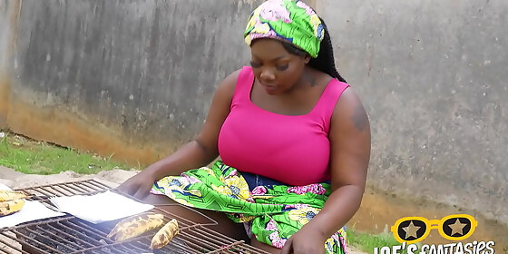 the exposed pussy of a grill saleswoman