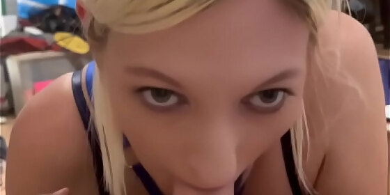 pov blonde milf gives sloppy deepthroat blowjob on her knees