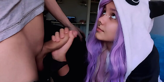cute girl with purple hair is delighted with my penis