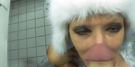 submissive girl with panda hat gives a sloppy pov bathroom blowjob with spit and cum on her face