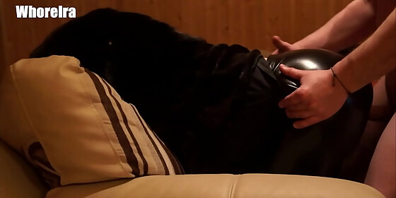 the whore in a fur coat and trousers sperm on trousers