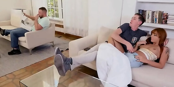 step sister and step brother have sneaky sex beside their step daddy