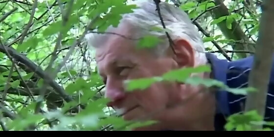horny grandpa gets pleased by huge tits blonde slut near a forest