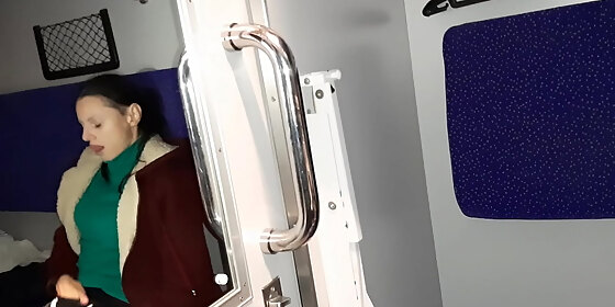 a stranger and a fellow traveler and i cum in a train compartment