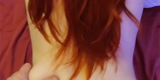 pov close up red head riding me without condom at xmas party
