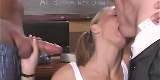 two excited dudes fuck a young bitch with two tails hard in all holes at the same time and then she sucks two dicks