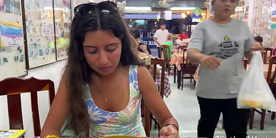 katty eats lunch in an asian cafe without panties and flashing pussy in public