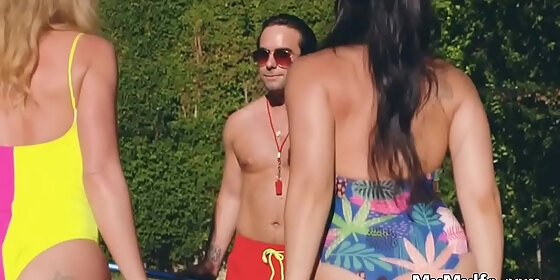 milfs sharing pool guys dick in a threesome