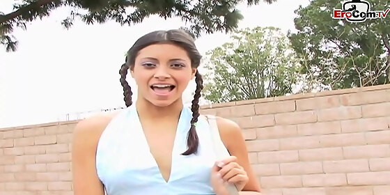 skinny brunette teen with small tits pick up for a fuck and a facial
