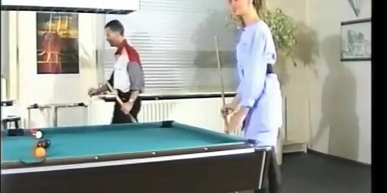 classic german girl gets double teamed on the pool table