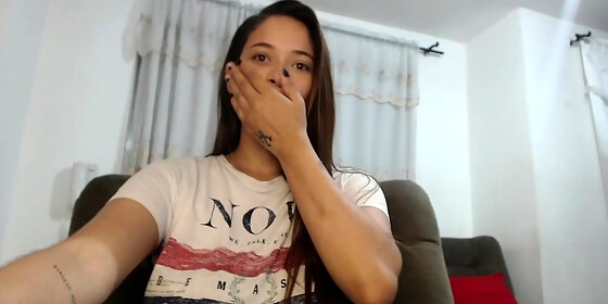 busty curly brunette with big boobs fucks on couch