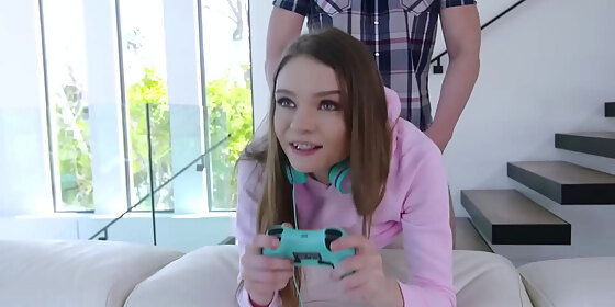 jessae rosae can t get enough of playing video games so her bf brad sterling takes out his dick so she can play with it while playing video games