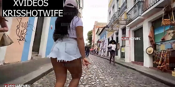 kriss hotwife showing off in salvador s tourist spot with a short that leaves all butt out