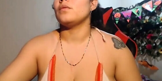 busty curly brunette with big boobs fucks on couch