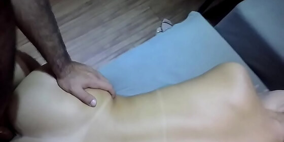 eating the blonde on all fours on the couch sticking all the cock and enjoying hot in her face