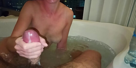 she masturbates herself and jerks me off in hot tub cumshot on her hands programmerswife