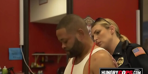horny milf is playing with a black dick inside her mouth at the barbershop