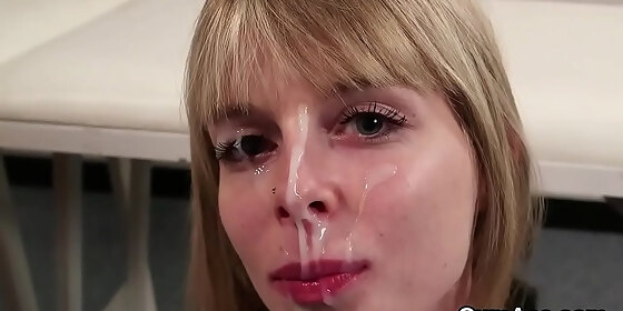 flirty honey gets cumshot on her face swallowing all the jizm