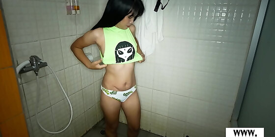 skinny amateur asian teen noey showering and fucking a hard white cock
