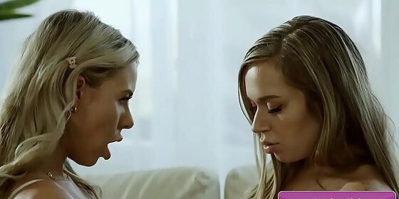 blonde lesbian babes rory knox summer vixen get horny and start kissing and making out on the sofa