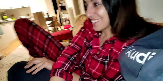 wife in pajamas fucks a friend in silence while her husband is in the room