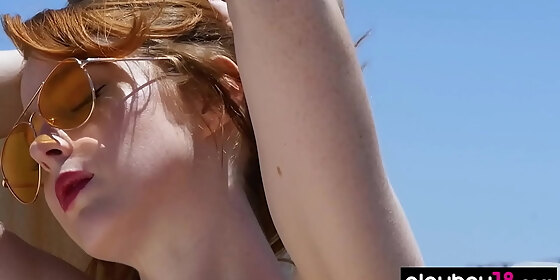 redhead beauty erna ohara introducing her hairy pussy on the rooftop