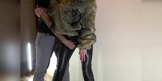 hot passionate standing fuck in clothes fur coat leather legging leather high heels
