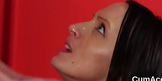 feisty bombshell gets sperm load on her face sucking all the charge