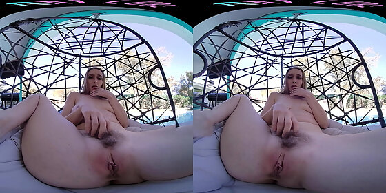 horny blonde masturbates outside with her toys in virtual reality