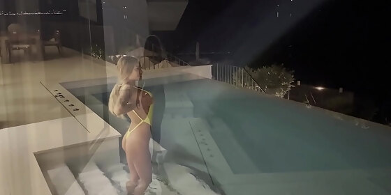 awesome pornstar monika fox fucked dildo in ass with big prolapse and sqiurt by the night pool