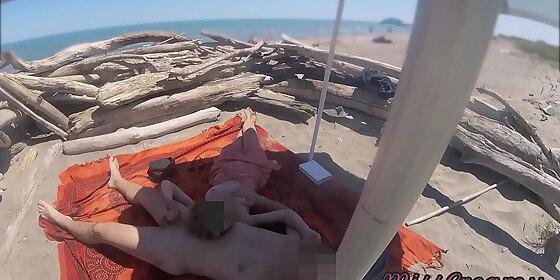 exhibitionist teacher outdoor amateur milf handjob big cock on nudity beach public in front of voyeur with cum p2 misscreamy