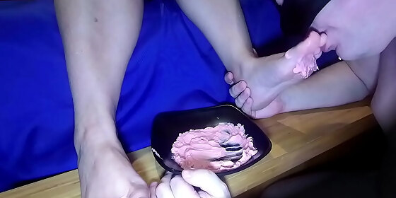 licking cream on my feet