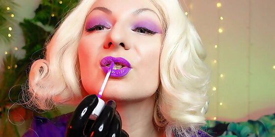 asmr purple lipstick process video slowly close up of make up sexy lips with steel braces arya
