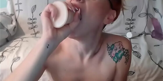 beautiful redhead enjoys sloppy big dildo deepthroat on webcam