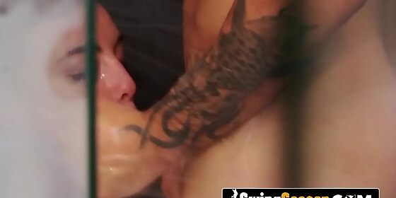 softcore blowjob in the shower with a petite swinger brunette