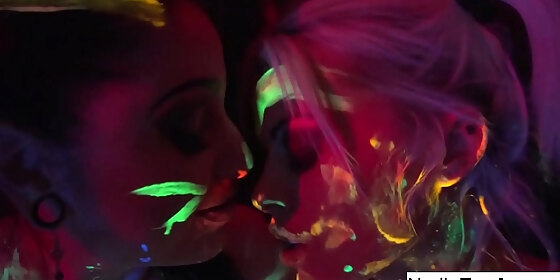 black light babes nadia white and ophelia suck off a colorful cock